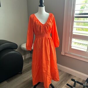 New J. Crew V-neck Midi Dress in Cotton Poplin Sweet Tangerine Size L